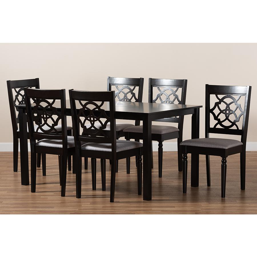 Grey Fabric Upholstered and Dark Brown Finished Wood 7-Piece Dining Set. Picture 8