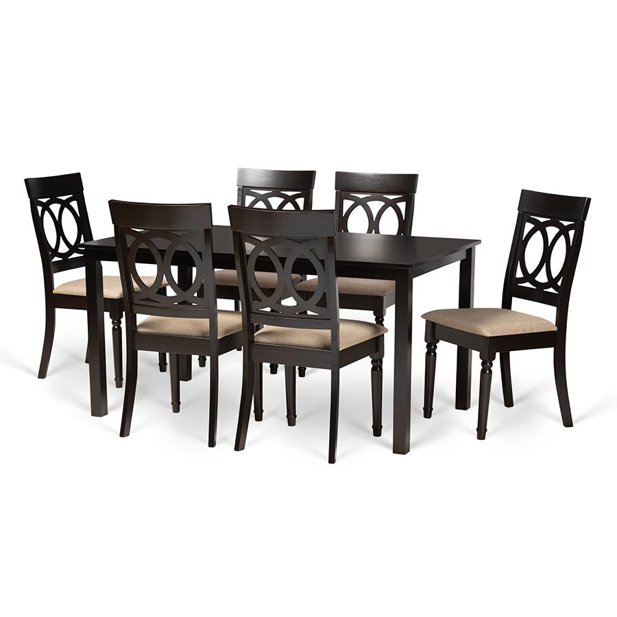 Sand Fabric Upholstered and Dark Brown Finished Wood 7-Piece Dining Set. Picture 1