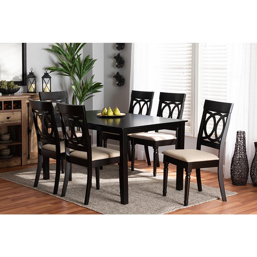 Sand Fabric Upholstered and Dark Brown Finished Wood 7-Piece Dining Set. Picture 7