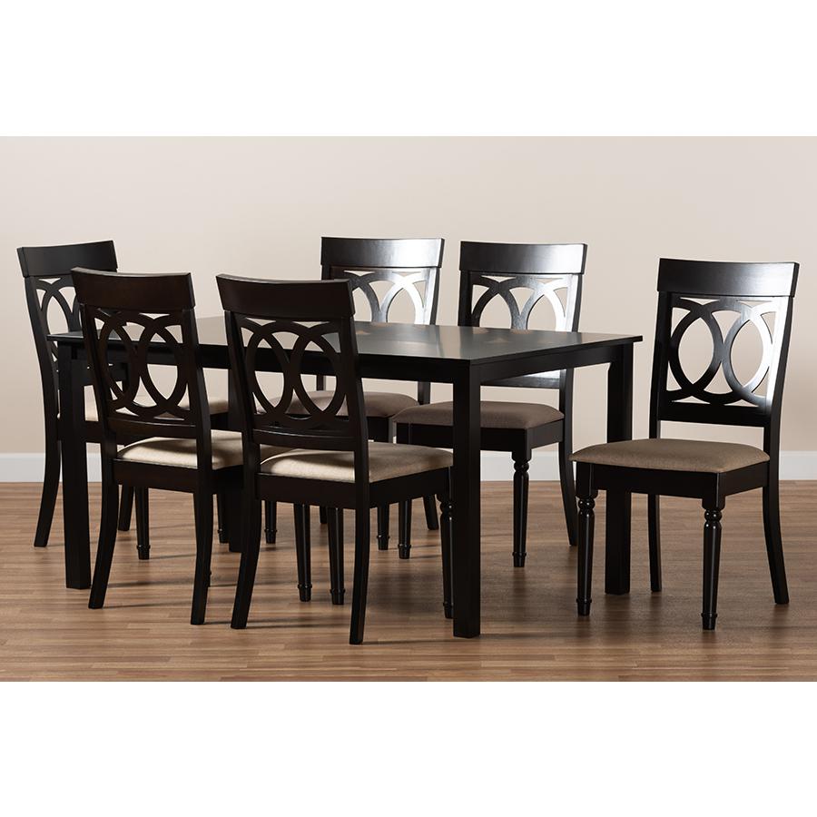 Sand Fabric Upholstered and Dark Brown Finished Wood 7-Piece Dining Set. Picture 8