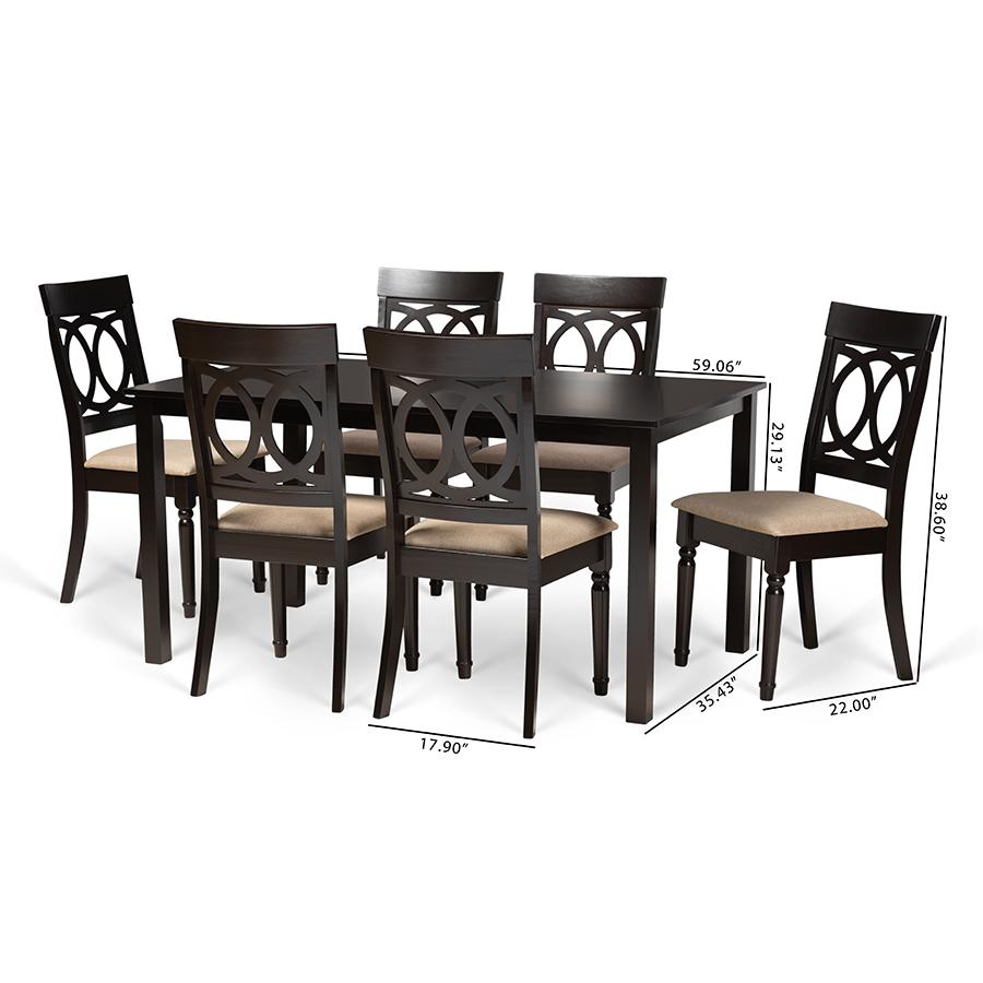 Sand Fabric Upholstered and Dark Brown Finished Wood 7-Piece Dining Set. Picture 9