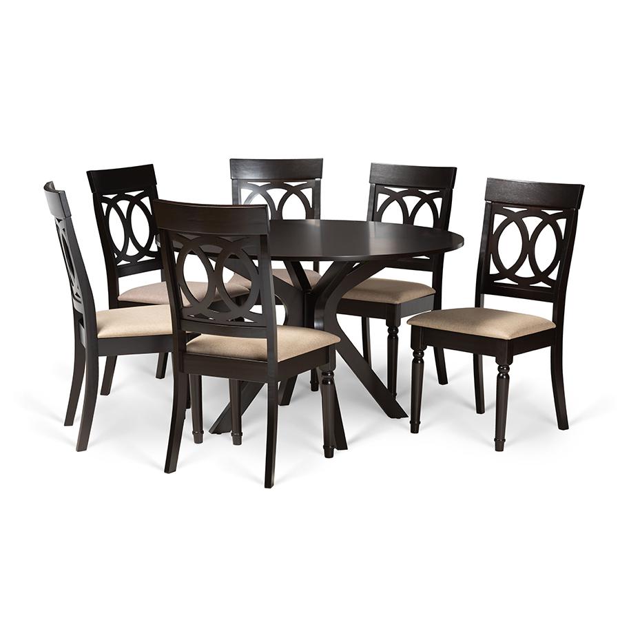 Sand Fabric Upholstered and Dark Brown Finished Wood 7-Piece Dining Set. Picture 1
