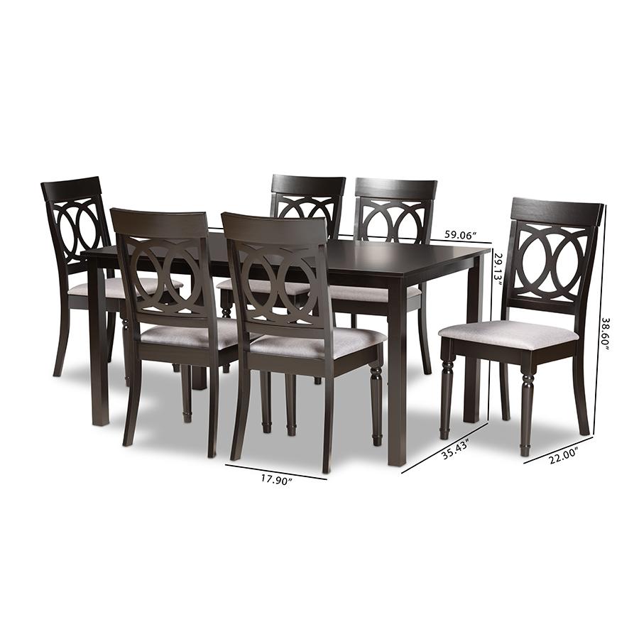 Grey Fabric Upholstered and Dark Brown Finished Wood 7-Piece Dining Set. Picture 9