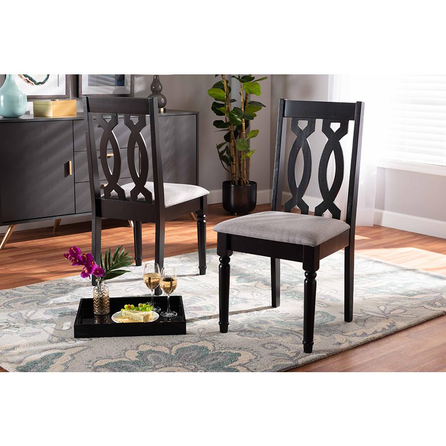 Grey Fabric Upholstered and Dark Brown Finished Wood 2-Piece Dining Chair Set. Picture 6