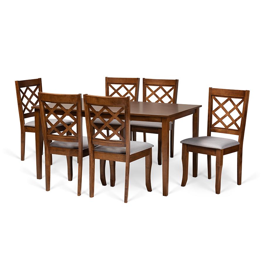 Grey Fabric Upholstered and Walnut Brown Finished Wood 7-Piece Dining Set. Picture 1