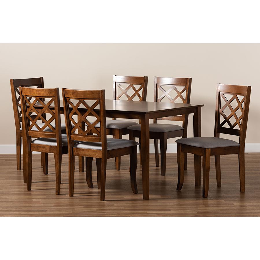 Grey Fabric Upholstered and Walnut Brown Finished Wood 7-Piece Dining Set. Picture 8