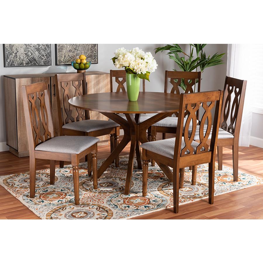 Grey Fabric Upholstered and Walnut Brown Finished Wood 7-Piece Dining Set. Picture 7