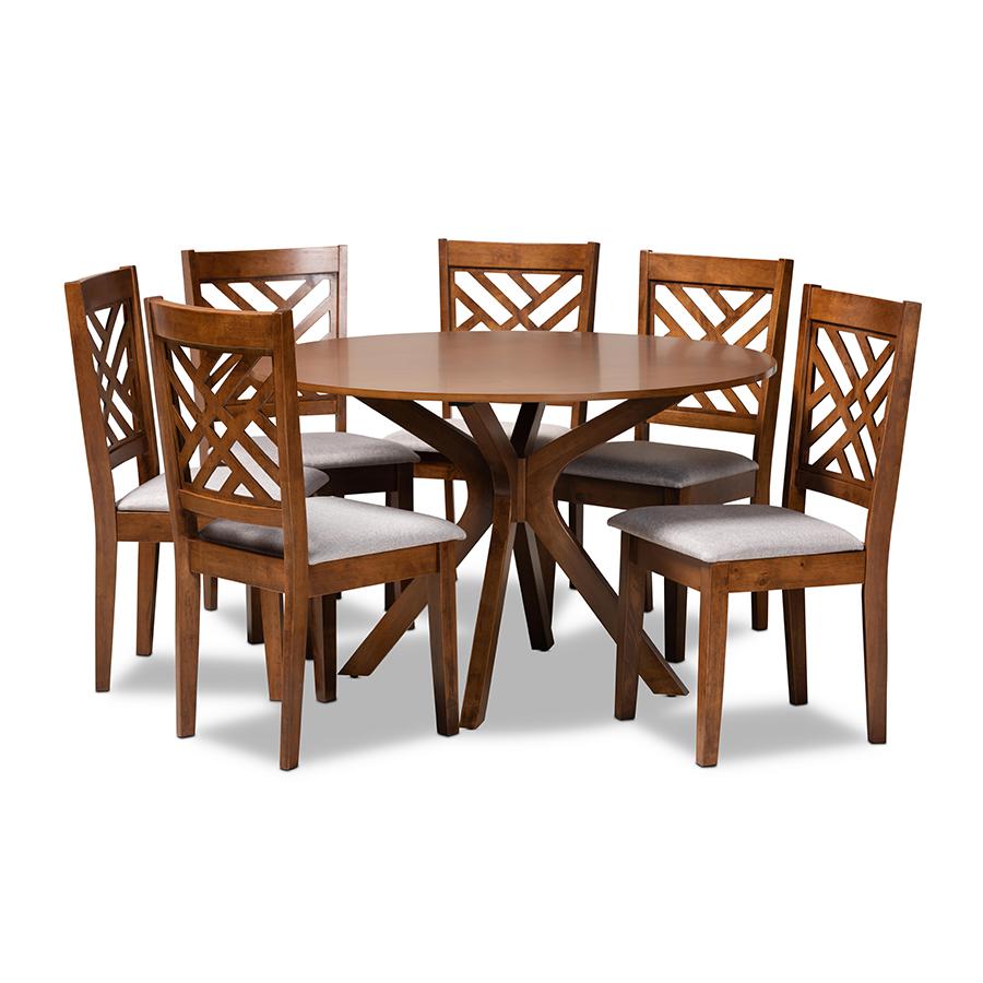 Grey Fabric Upholstered and Walnut Brown Finished Wood 7-Piece Dining Set. Picture 1