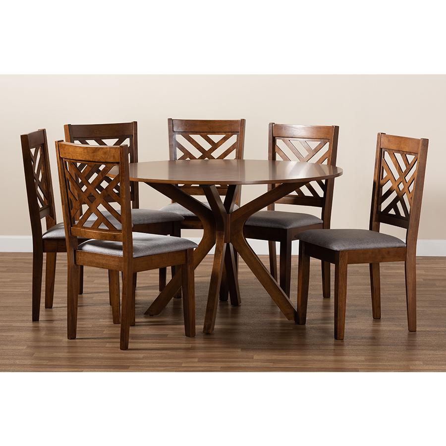 Grey Fabric Upholstered and Walnut Brown Finished Wood 7-Piece Dining Set. Picture 8