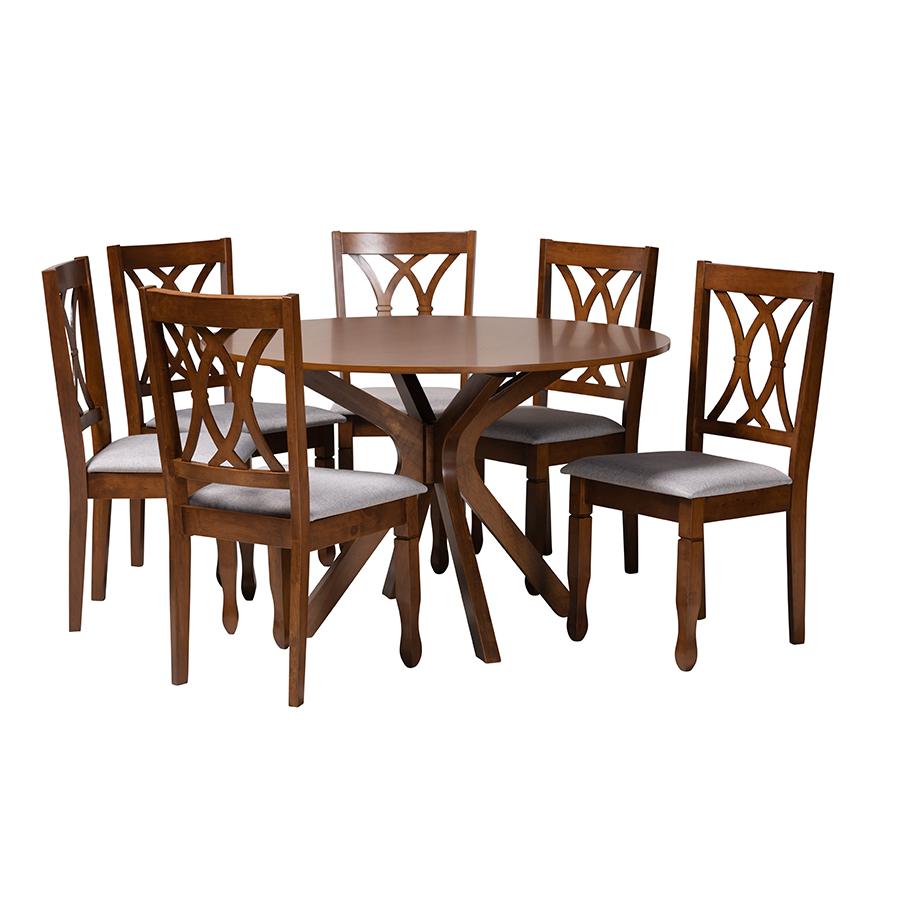 Maya Modern Grey Fabric and Walnut Brown Finished Wood 7-Piece Dining Set. Picture 1