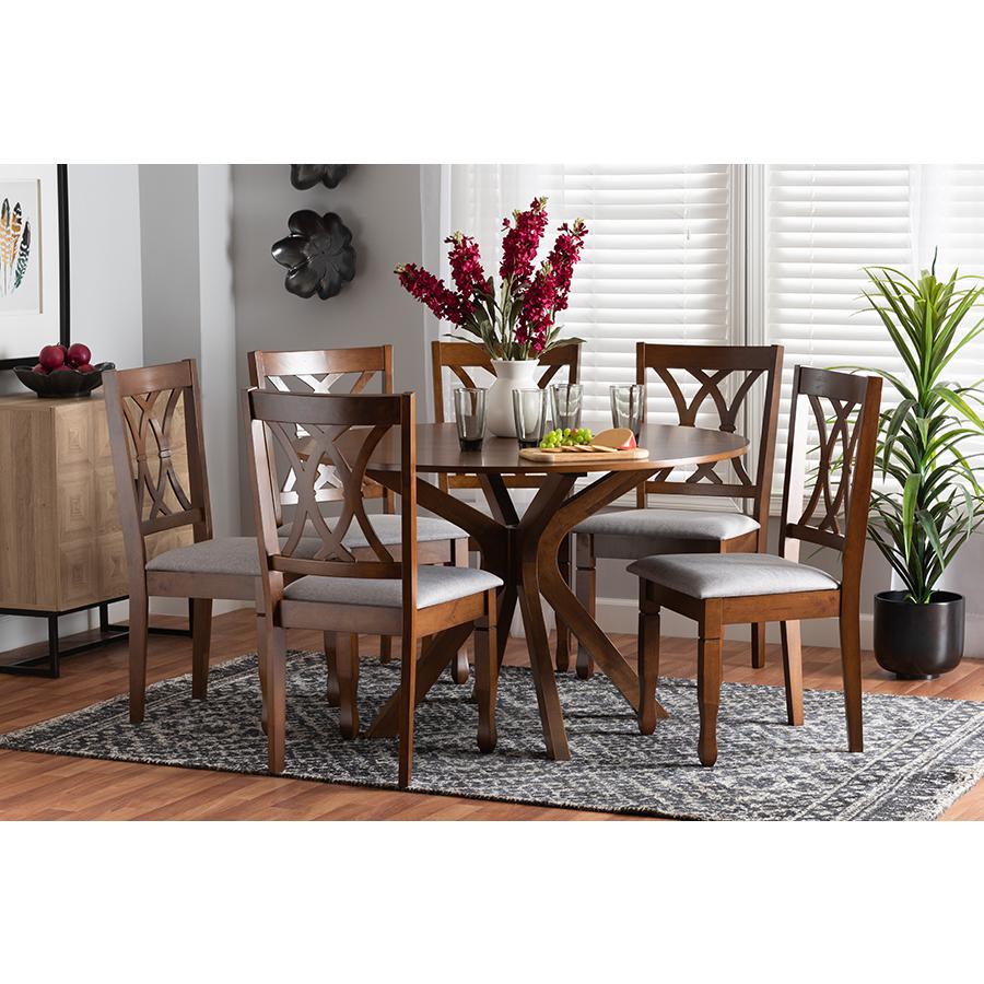 Maya Modern Grey Fabric and Walnut Brown Finished Wood 7-Piece Dining Set. Picture 8