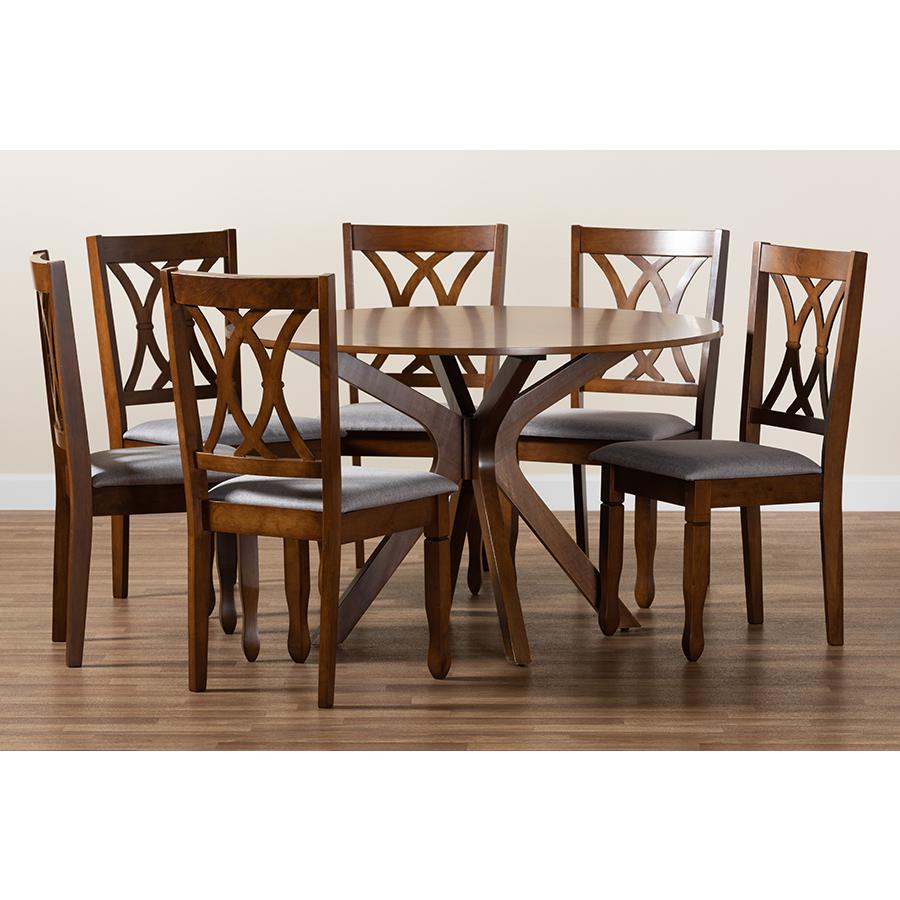 Maya Modern Grey Fabric and Walnut Brown Finished Wood 7-Piece Dining Set. Picture 9