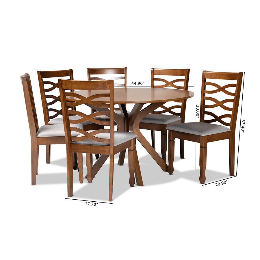 Grey Fabric Upholstered and Walnut Brown Finished Wood 7-Piece Dining Set. Picture 9
