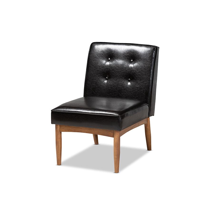 Arvid Mid-Century Modern Dark Brown Faux Leather Upholstered Wood Dining Chair. Picture 1