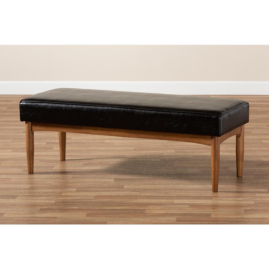 Arvid Mid-Century Modern Dark Brown Faux Leather Upholstered Wood Dining Bench. Picture 7