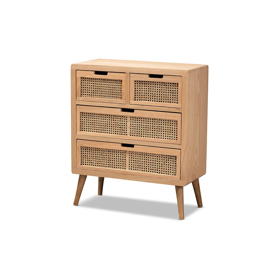 Medium Oak Finished Wood and Rattan 4-Drawer Accent Storage Cabinet. Picture 1