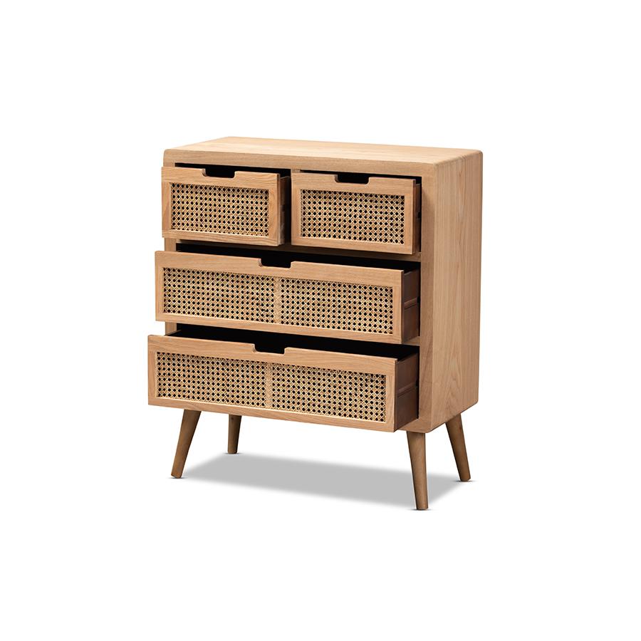 Medium Oak Finished Wood and Rattan 4-Drawer Accent Storage Cabinet. Picture 2