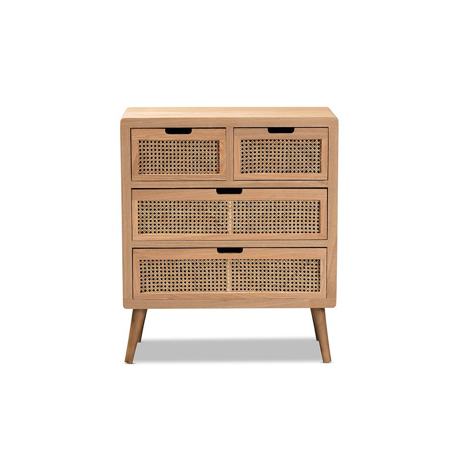 Medium Oak Finished Wood and Rattan 4-Drawer Accent Storage Cabinet. Picture 3