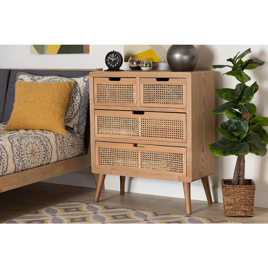 Medium Oak Finished Wood and Rattan 4-Drawer Accent Storage Cabinet. Picture 7