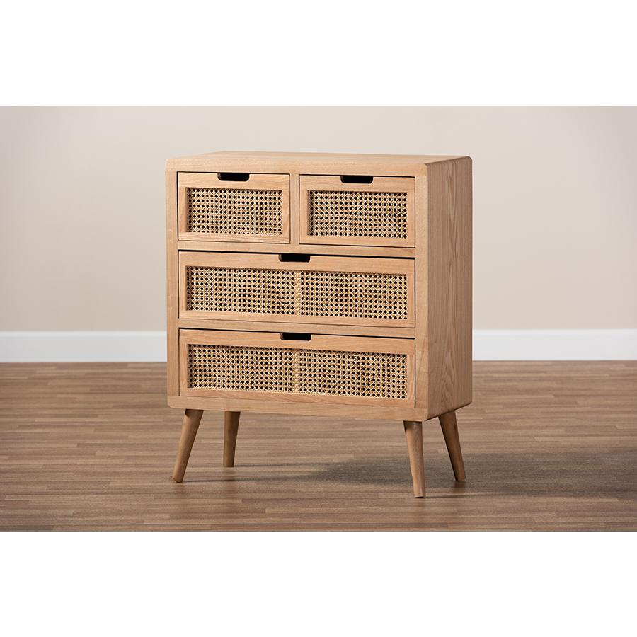 Medium Oak Finished Wood and Rattan 4-Drawer Accent Storage Cabinet. Picture 8