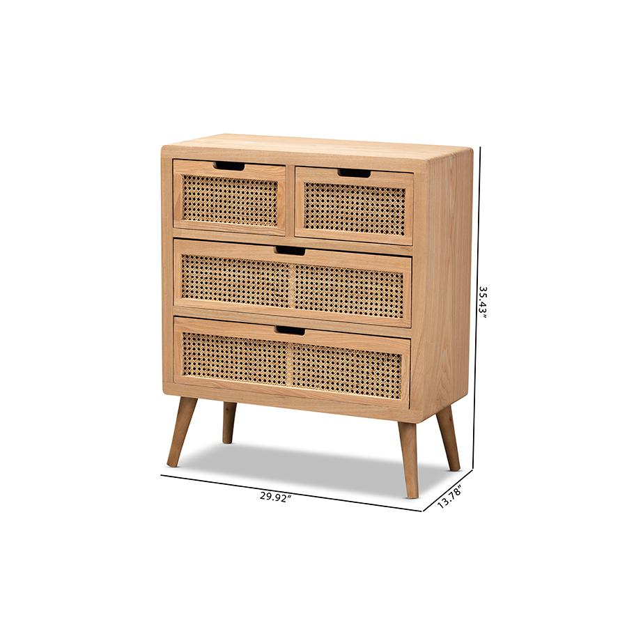 Medium Oak Finished Wood and Rattan 4-Drawer Accent Storage Cabinet. Picture 9