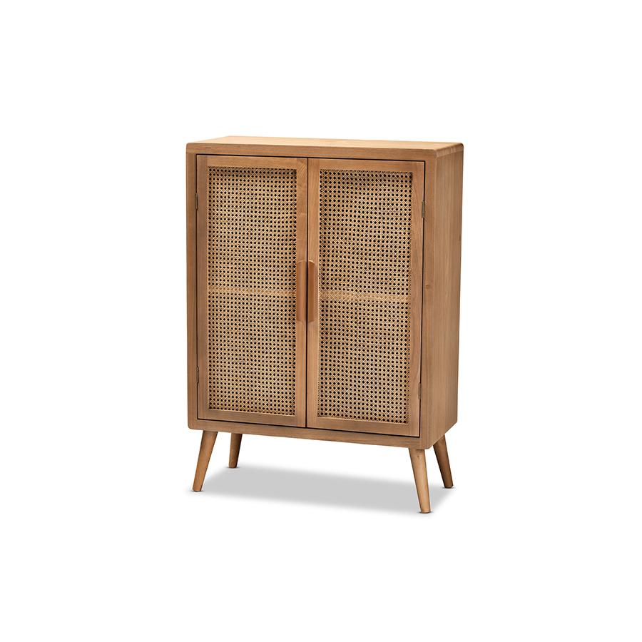 Alina Mid-Century Modern Medium Oak Finished Wood and Rattan 2-Door Accent Storage Cabinet. Picture 1