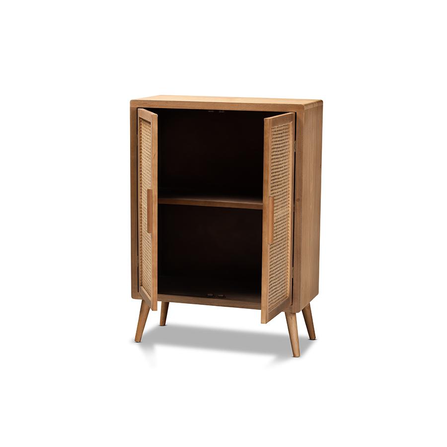 Alina Mid-Century Modern Medium Oak Finished Wood and Rattan 2-Door Accent Storage Cabinet. Picture 2