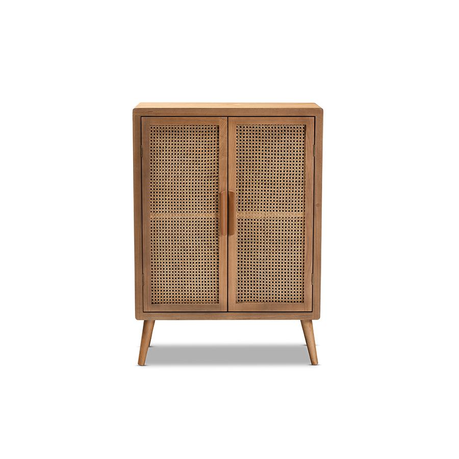Medium Oak Finished Wood and Rattan 2-Door Accent Storage Cabinet. Picture 3