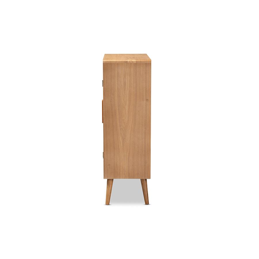 Alina Mid-Century Modern Medium Oak Finished Wood and Rattan 2-Door Accent Storage Cabinet. Picture 4