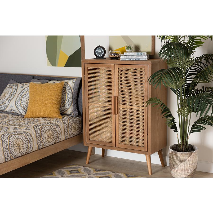 Alina Mid-Century Modern Medium Oak Finished Wood and Rattan 2-Door Accent Storage Cabinet. Picture 7