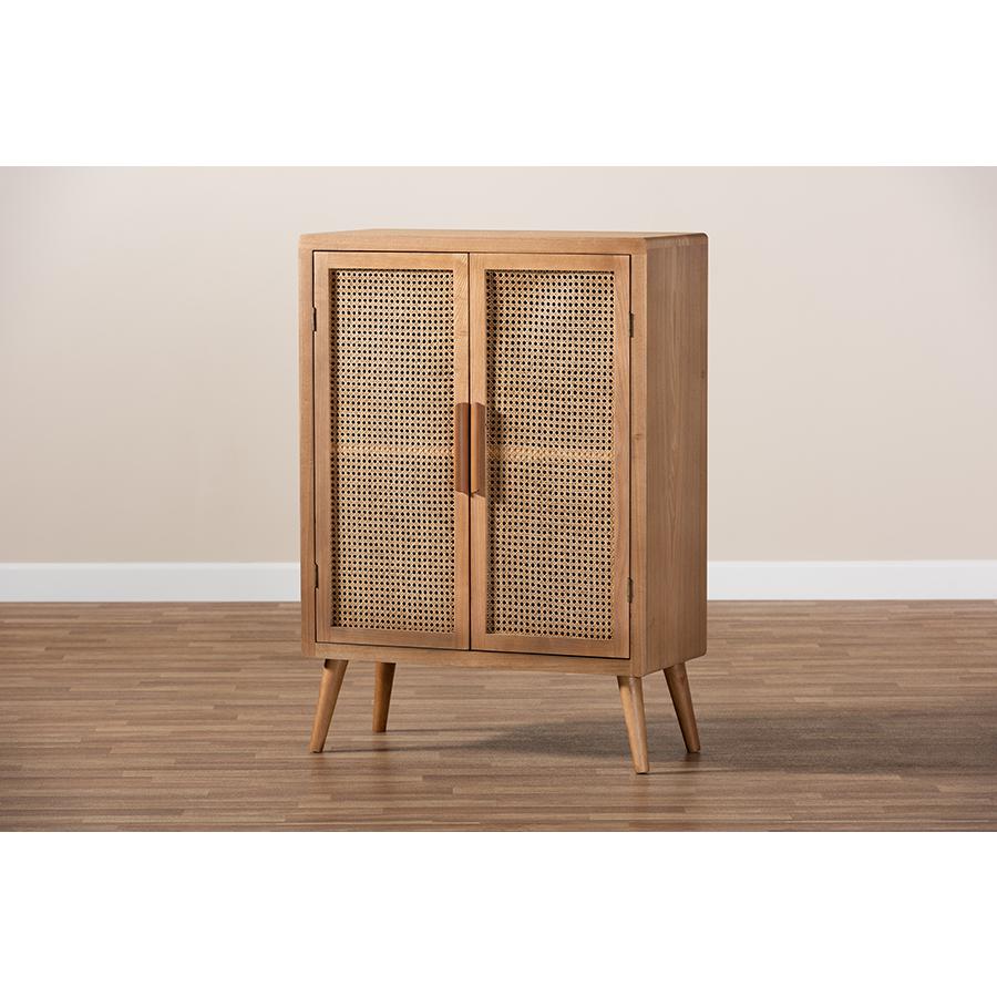 Medium Oak Finished Wood and Rattan 2-Door Accent Storage Cabinet. Picture 8