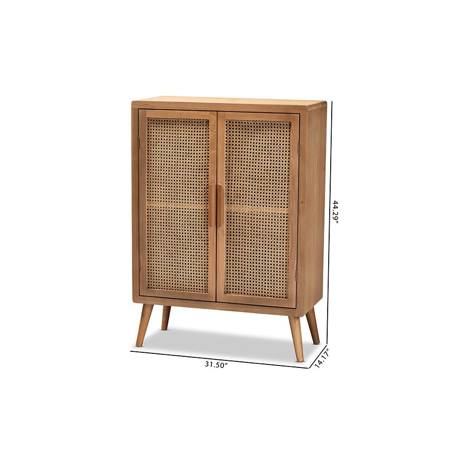 Medium Oak Finished Wood and Rattan 2-Door Accent Storage Cabinet. Picture 9