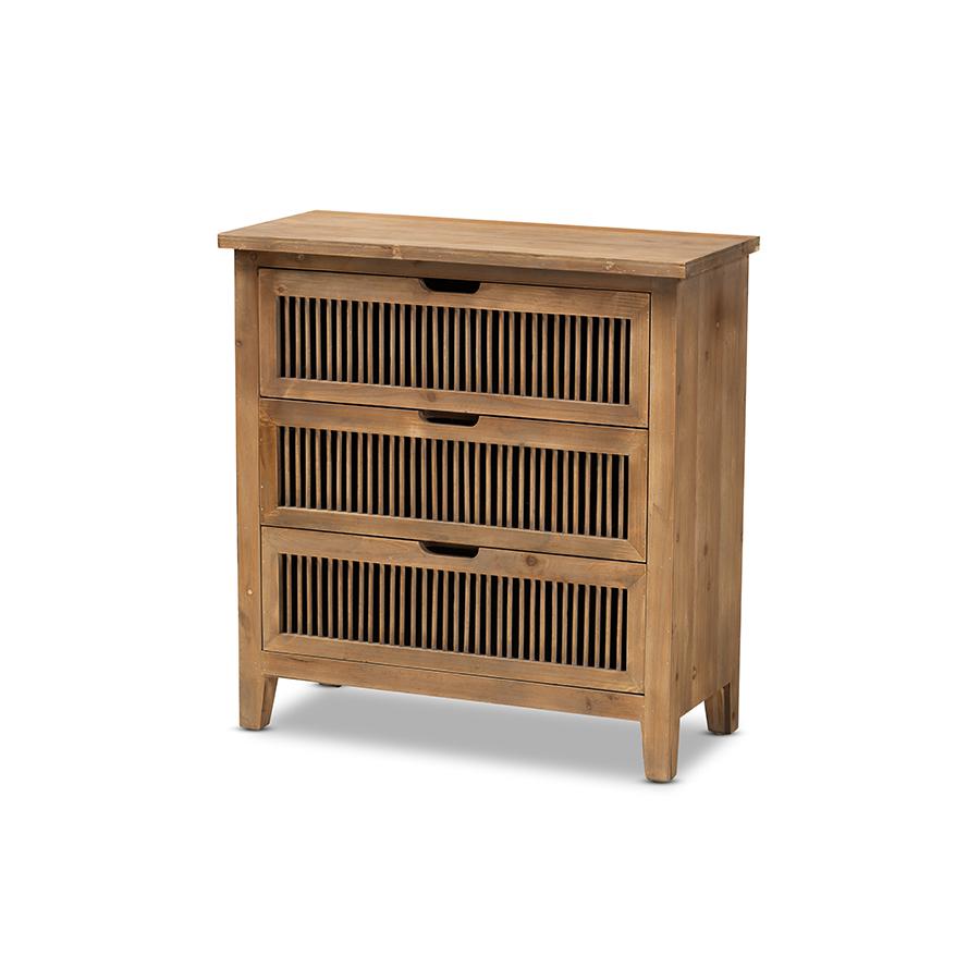 Transitional Medium Oak Finished 3-Drawer Wood Spindle Storage Cabinet. Picture 1