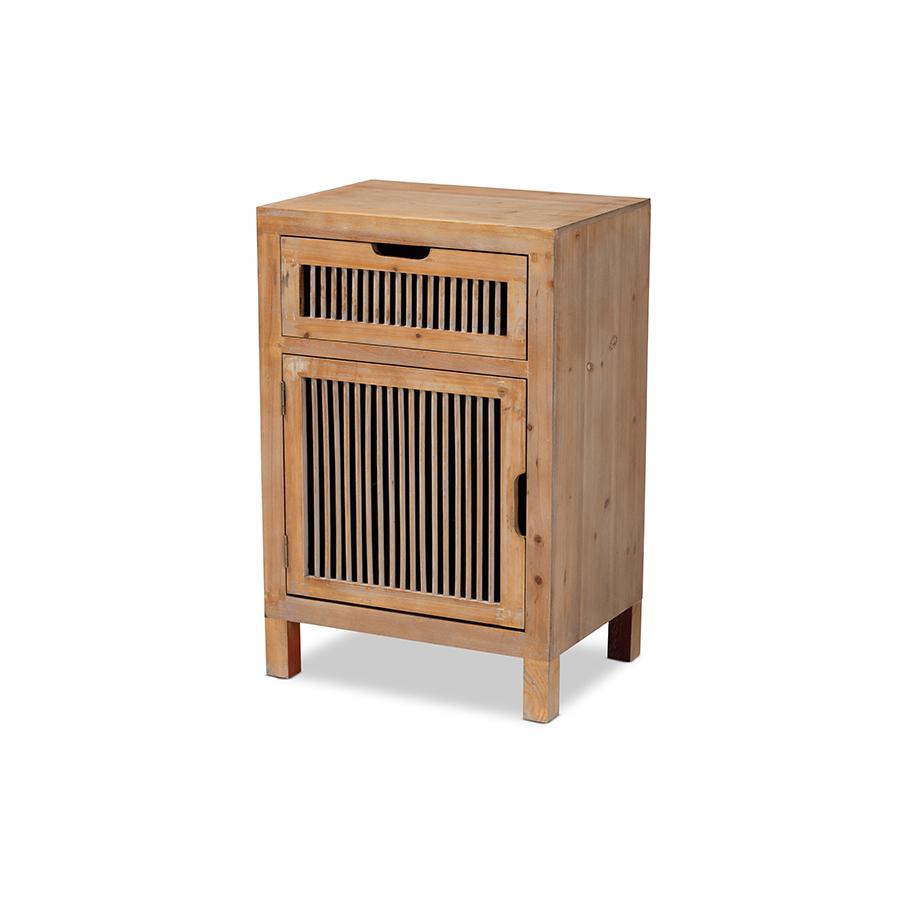 Clement Rustic Transitional Medium Oak Finished 1-Door and 1-Drawer Wood Spindle Nightstand. The main picture.