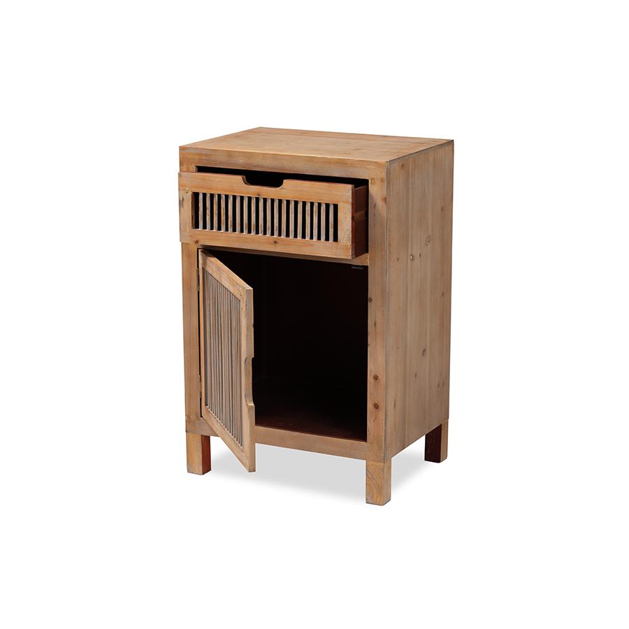 Clement Rustic Transitional Medium Oak Finished 1-Door and 1-Drawer Wood Spindle Nightstand. Picture 2