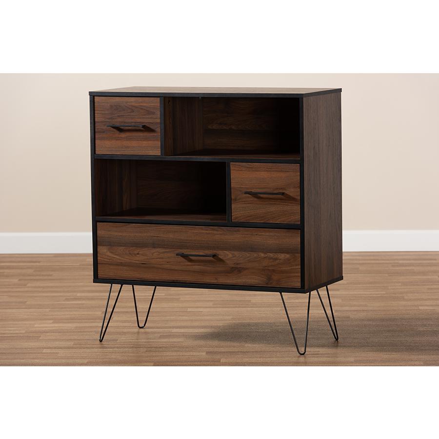 and Transitional Two-Tone Walnut Brown and Black Finished Wood 1-Drawer Bookcase. Picture 8