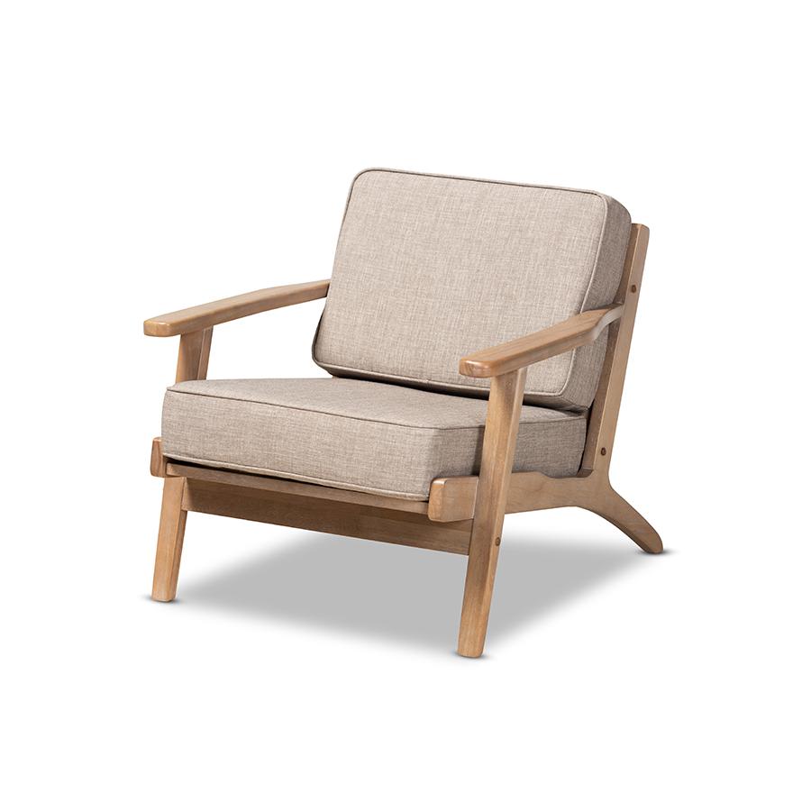 Sigrid Mid-Century Modern Light Grey Fabric Upholstered Antique Oak Finished Wood Armchair. Picture 1