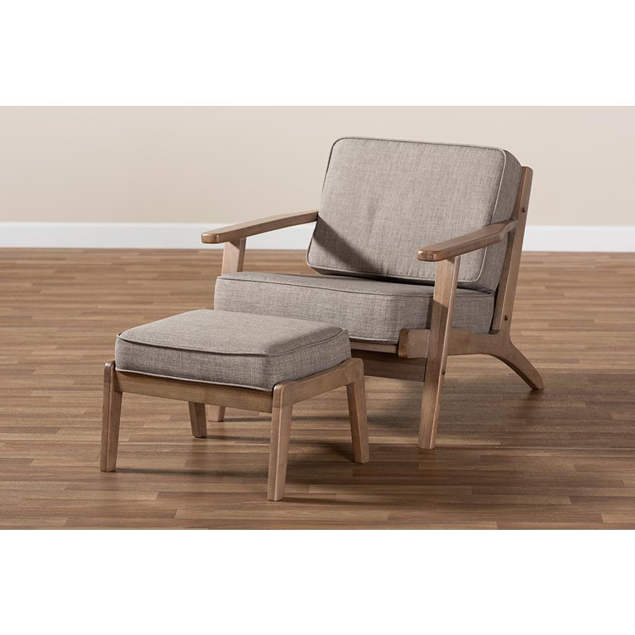 Sigrid Mid-Century Modern Light Grey Fabric Upholstered Antique Oak Finished 2-Piece Wood Armchair and Ottoman Set. Picture 10