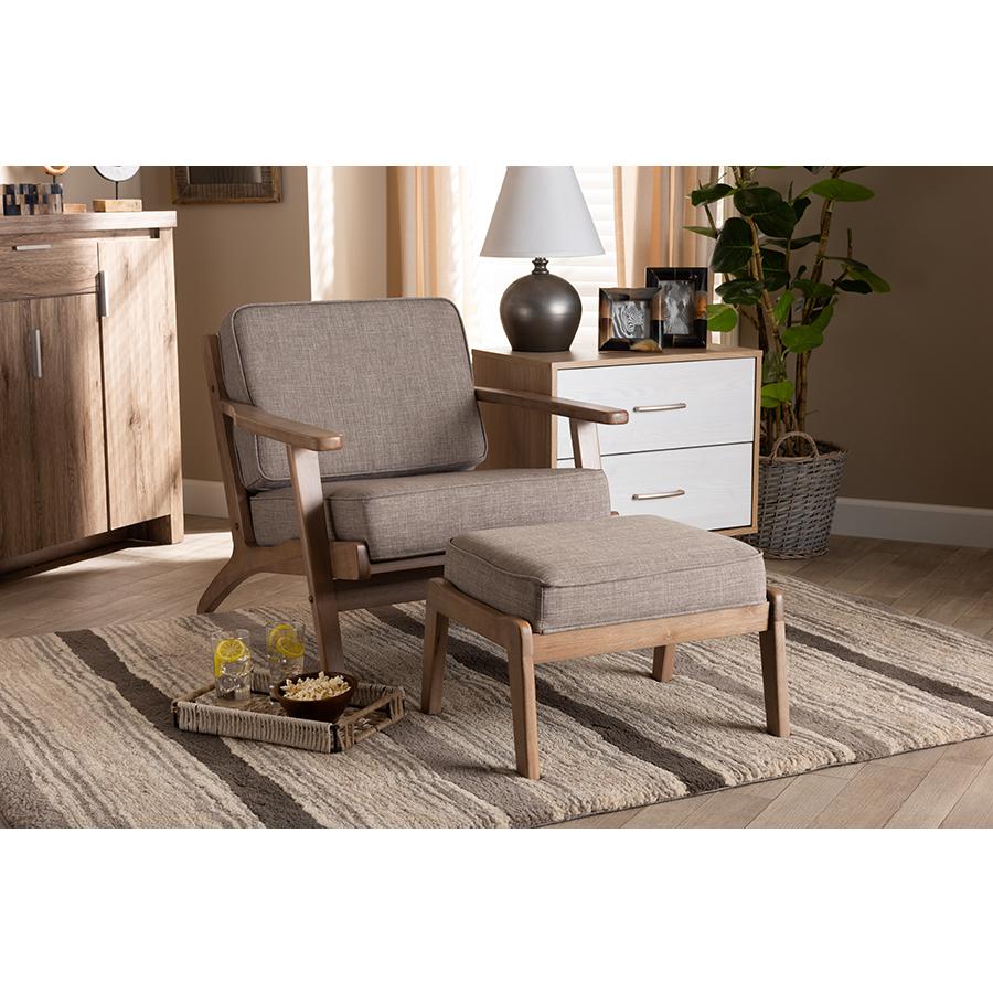 Sigrid Mid-Century Modern Light Grey Fabric Upholstered Antique Oak Finished 2-Piece Wood Armchair and Ottoman Set. Picture 9