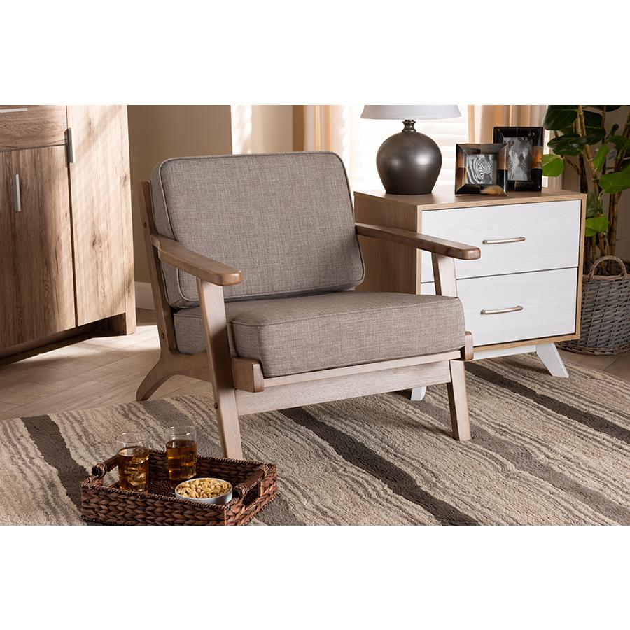 Sigrid Mid-Century Modern Light Grey Fabric Upholstered Antique Oak Finished Wood Armchair. Picture 7