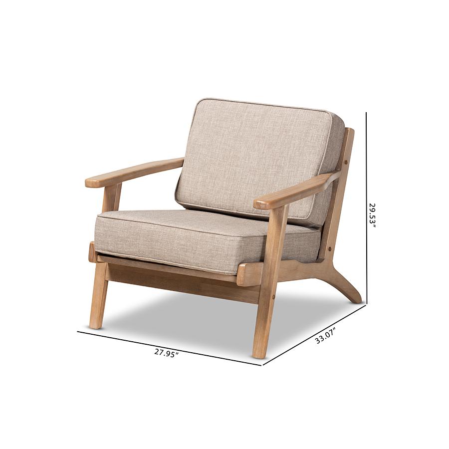 Sigrid Mid-Century Modern Light Grey Fabric Upholstered Antique Oak Finished Wood Armchair. Picture 9