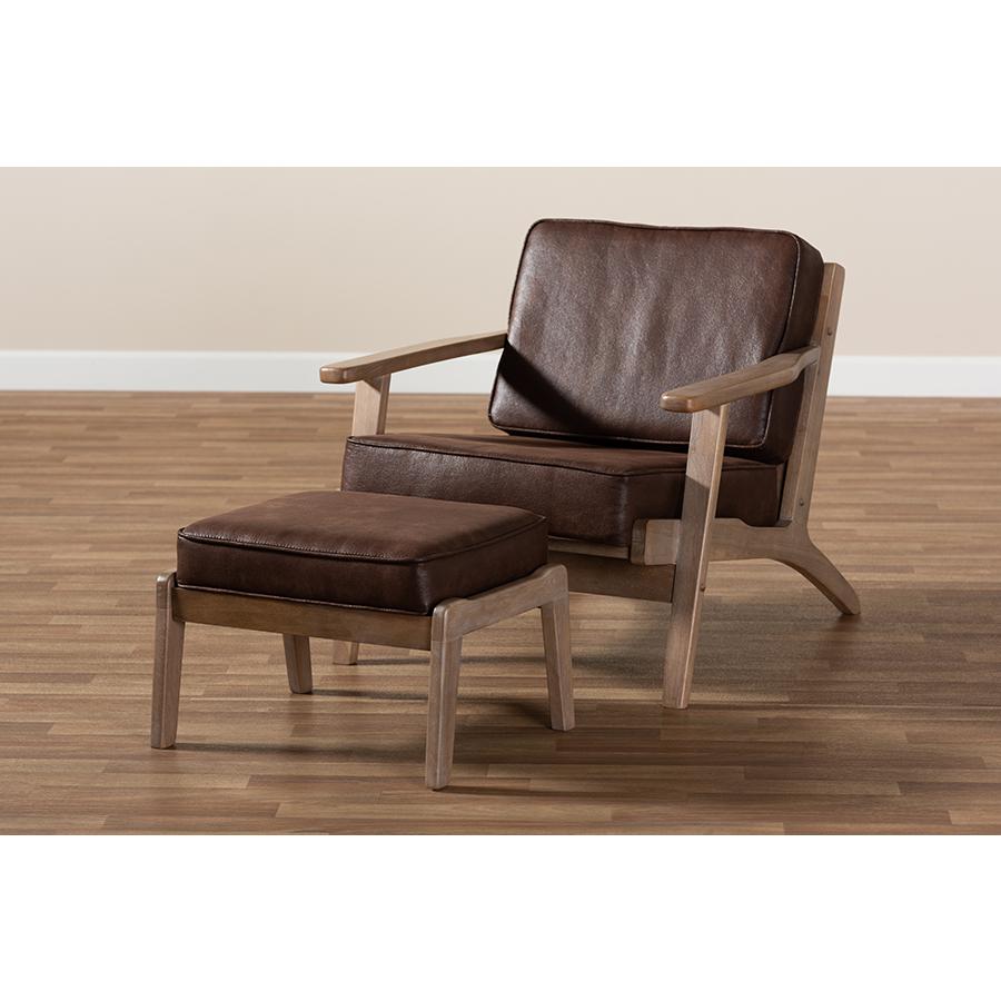 Sigrid Mid-Century Modern Dark Brown Faux Leather Effect Fabric Upholstered Antique Oak Finished 2-Piece Wood Armchair and Ottoman Set. Picture 10