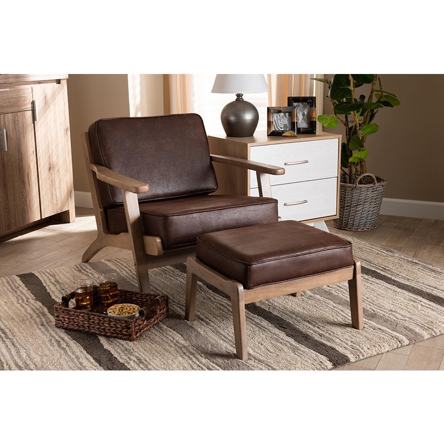 Sigrid Mid-Century Modern Dark Brown Faux Leather Effect Fabric Upholstered Antique Oak Finished 2-Piece Wood Armchair and Ottoman Set. Picture 9