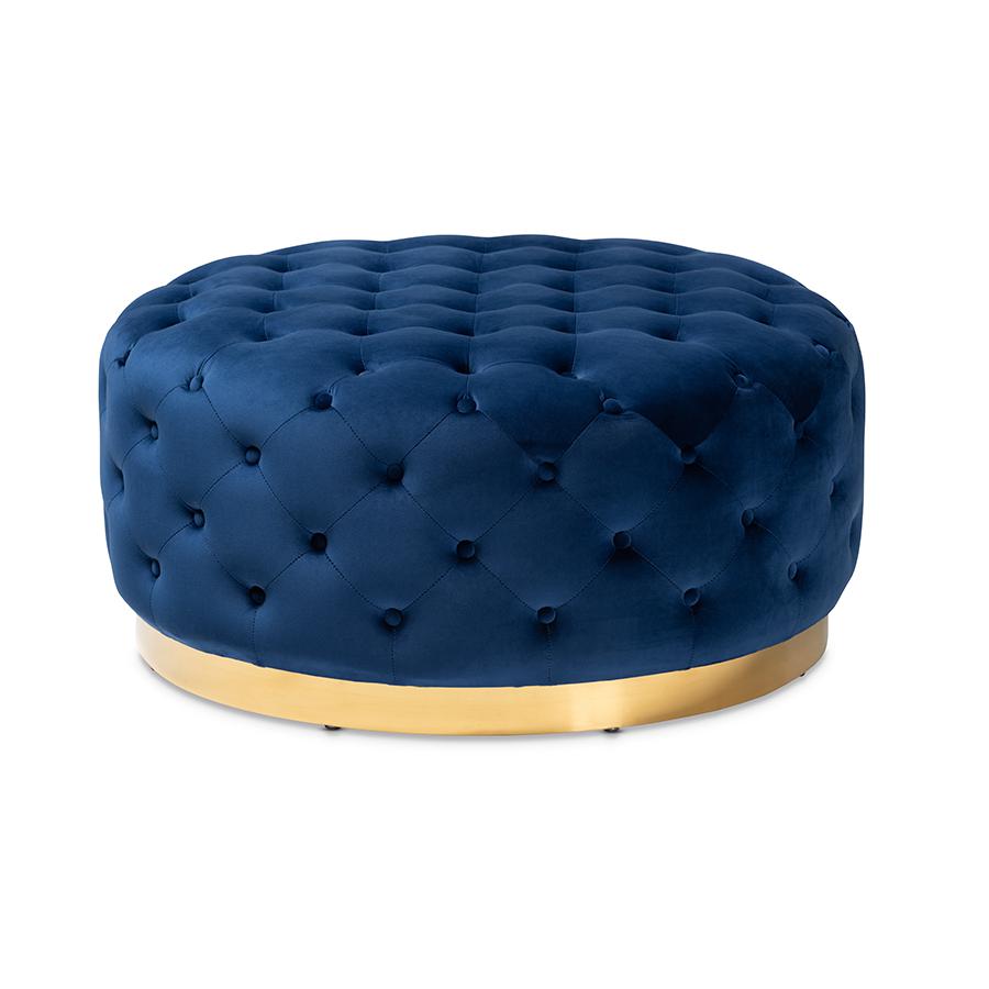 Luxe Royal Blue Velvet Fabric Upholstered Gold Finished Round Cocktail Ottoman. Picture 1