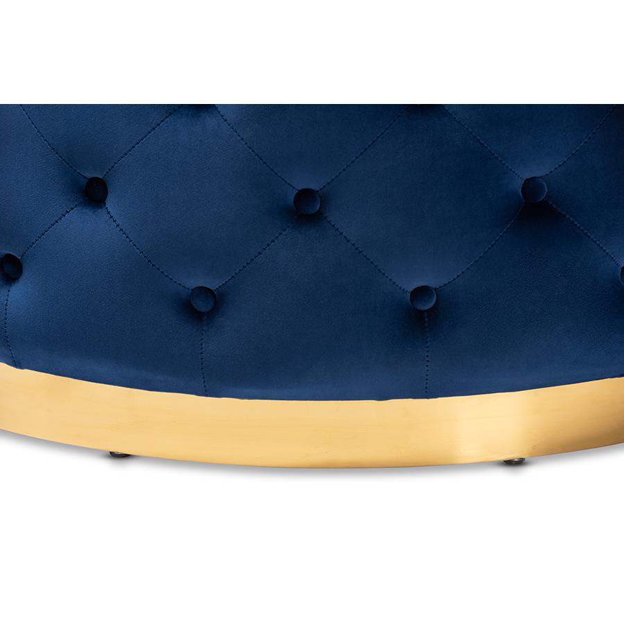 Luxe Royal Blue Velvet Fabric Upholstered Gold Finished Round Cocktail Ottoman. Picture 3