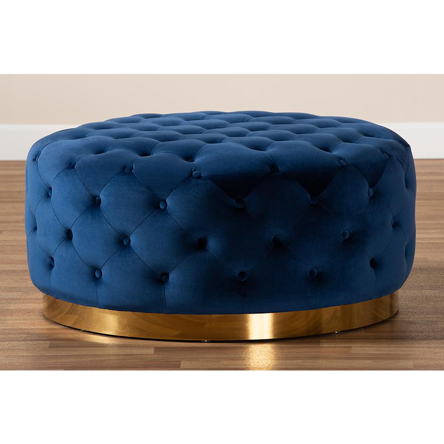 Luxe Royal Blue Velvet Fabric Upholstered Gold Finished Round Cocktail Ottoman. Picture 5