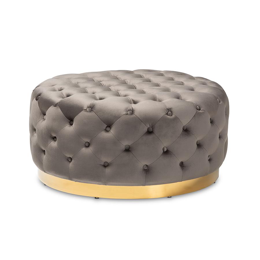 Luxe Grey Velvet Fabric Upholstered Gold Finished Round Cocktail Ottoman. Picture 1