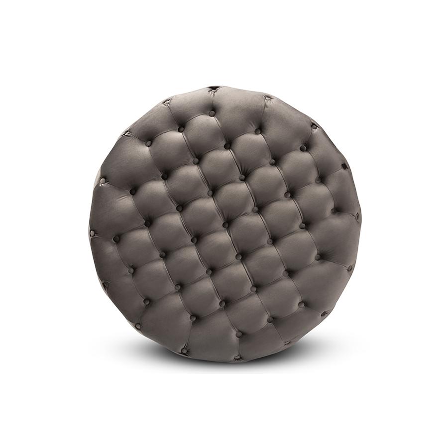 Luxe Grey Velvet Fabric Upholstered Gold Finished Round Cocktail Ottoman. Picture 2