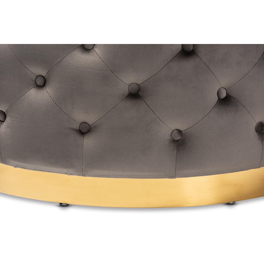 Luxe Grey Velvet Fabric Upholstered Gold Finished Round Cocktail Ottoman. Picture 3