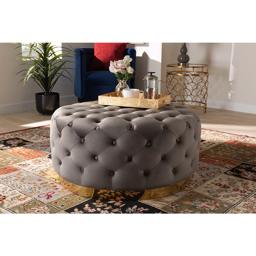Luxe Grey Velvet Fabric Upholstered Gold Finished Round Cocktail Ottoman. Picture 4